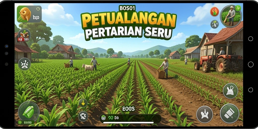 Screenshot gameplay BOS01 menampilkan ladang yang hijau dan subur.