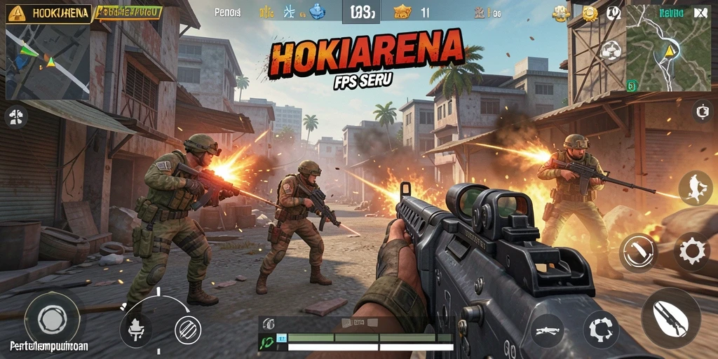 Screenshot menampilkan aksi intens dalam HOKIARENA dengan gameplay FPS yang mendebarkan.
