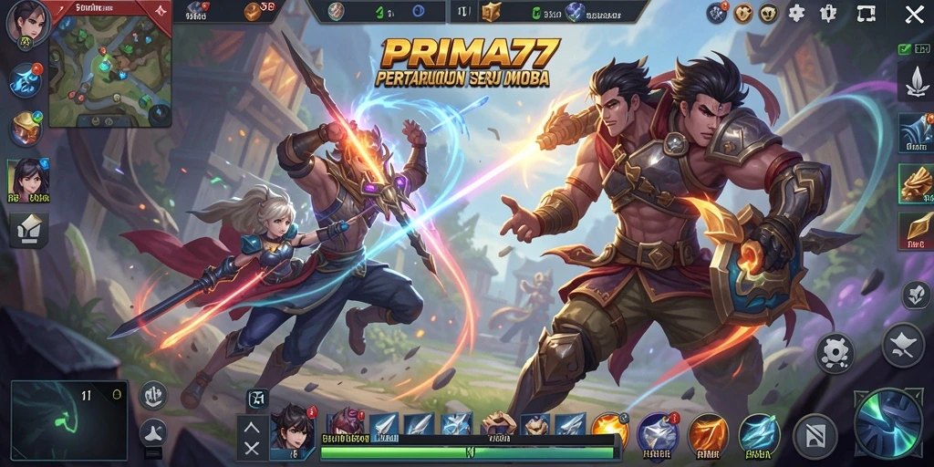 Screenshot gameplay PRIMA77 yang menampilkan pertarungan seru antara dua tim.