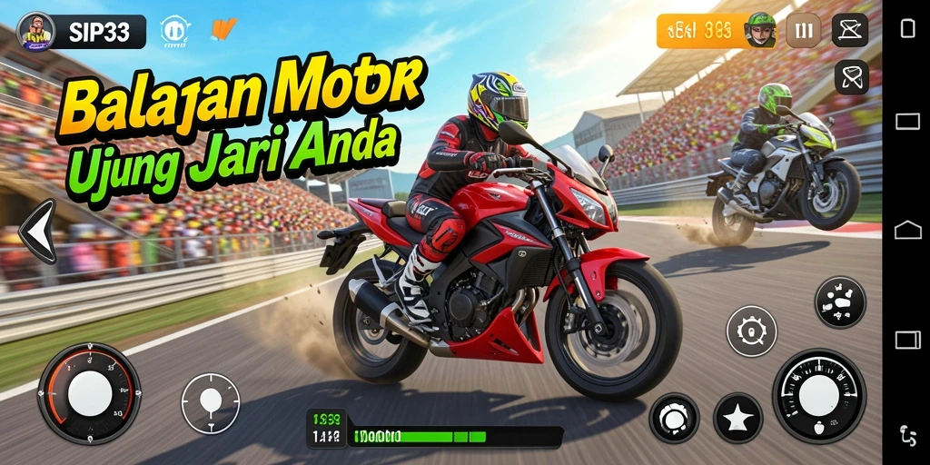 Screenshot utama SIP33 menampilkan sebuah aksi balapan motor yang intens dan mendebarkan.
